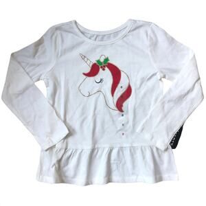 NEW Kidtopia Cream Christmas Holiday Shirt Top Unicorn Ruffle Girl's Size 6